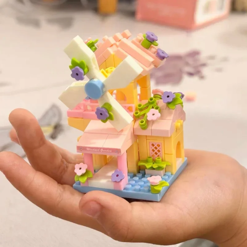 Mini High-rise Street View Building Blocks Rose Windmill Flower Shop Scene Model Desktop Decor Kids Assembly Toy Birthday Gifts