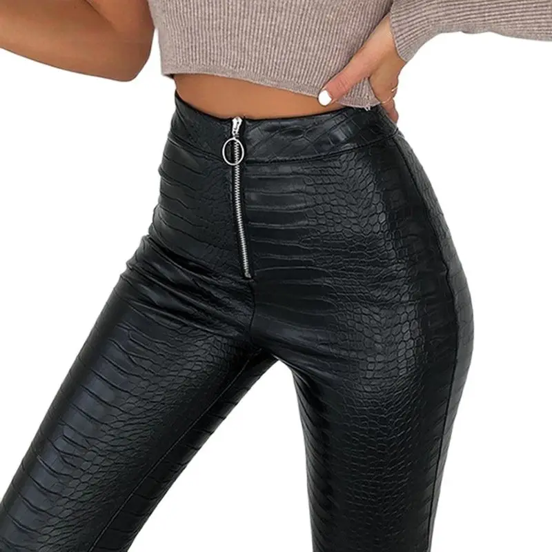 2023 pantaloni in pelle con motivo coccodrillo pantaloni Casual a vita alta da donna autunno inverno pantaloni a matita in pelle PU con cerniera nera