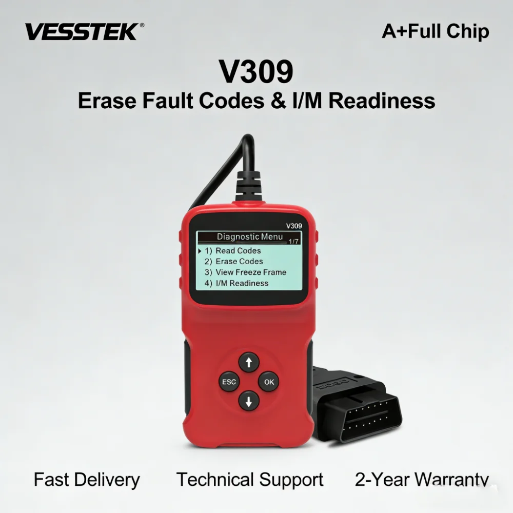 

Портативный сканер VESSTEK OBD11 ELM327 V309/VC309/VC300 для автомобилей, инструмент для диагностики OBD2, удаления кодов неисправностей и проверки готовности к I/M-тестированию.