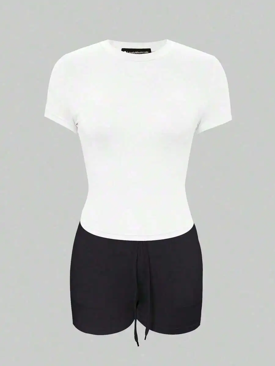 

Women Casual Solid Round Neck Short Sleeve T-Shirt And Drawstring Shorts Set Summer