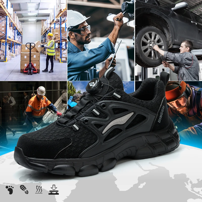 Men's Puncture-Proof Steel Toe Anti-Smashing, Anti-Skid and Shock-Absorbing Safety Shoes Men's Breathable Steel Toe Lace Up Work