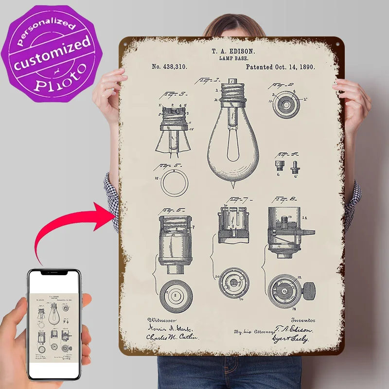 Edison Lamp Base Patent Poster Retro 3D Printed Metal Signs Customized Wall Hanging Gift for Vintage Home Decor Items Wand Deko