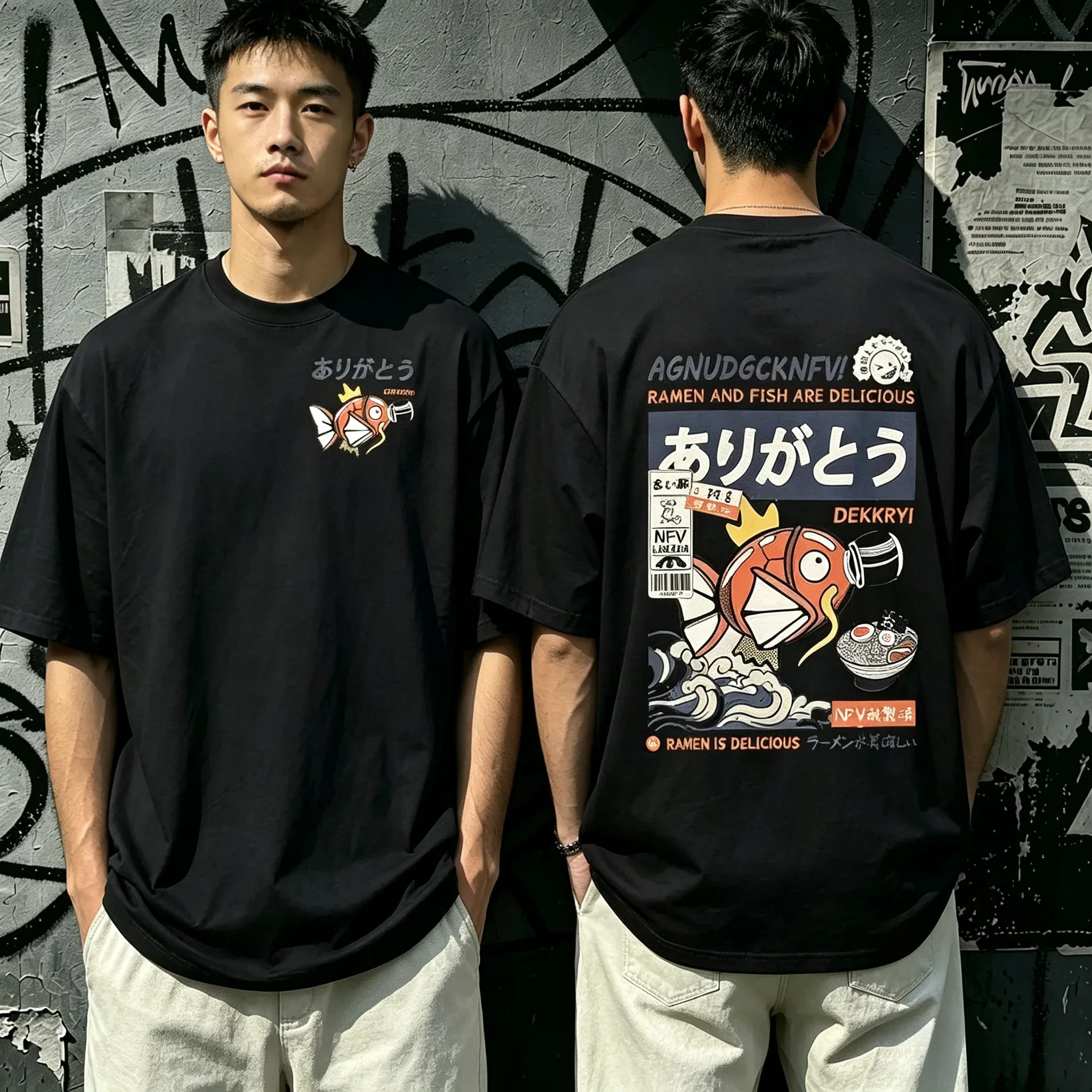 Trend New Vintage Carp Sashimi Sauce Print Short-Sleeved T-Shirt Loose Round-neck Fashion Men's and Women's Cotton Shirt