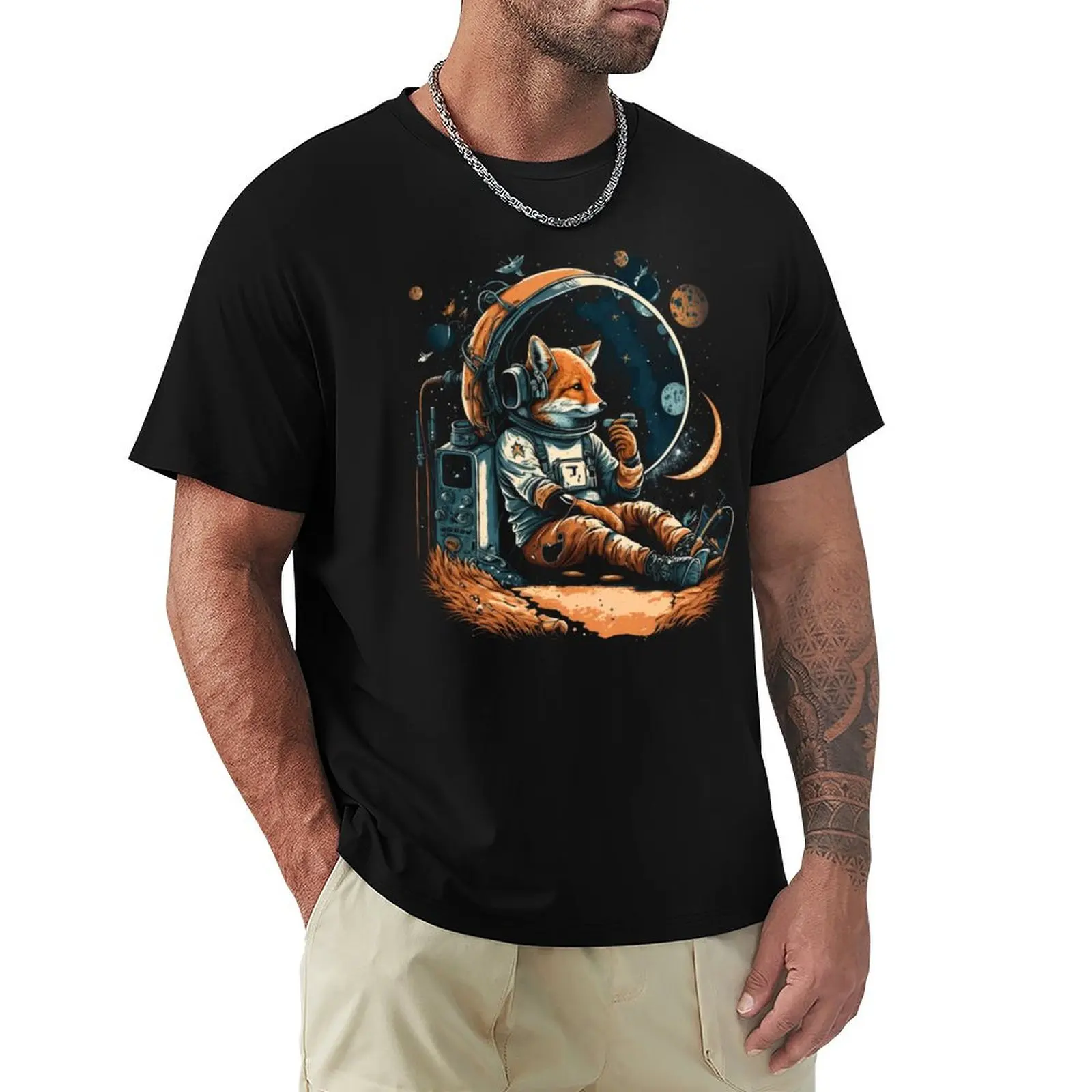 Astronaut Fox in the Space listening to the music with planets T-Shirt UV Sun Protection Tee Shirt