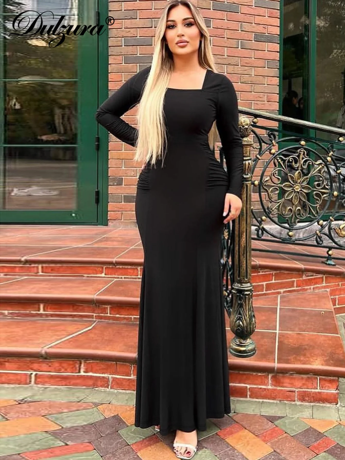 Dulzura-vestido Midi con cuello cuadrado para mujer, traje elegante de manga larga, fruncido, ajustado, para fiesta de cóctel, evento Formal, invitados de boda