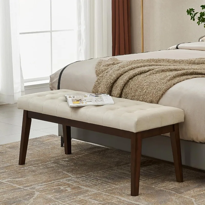 

End of Bed Bedroom Bench, Linen Upholstered Tufted Bench for Bedroom End of Bed with Solid Wood LegsLiving Room Entryway(Taupe)