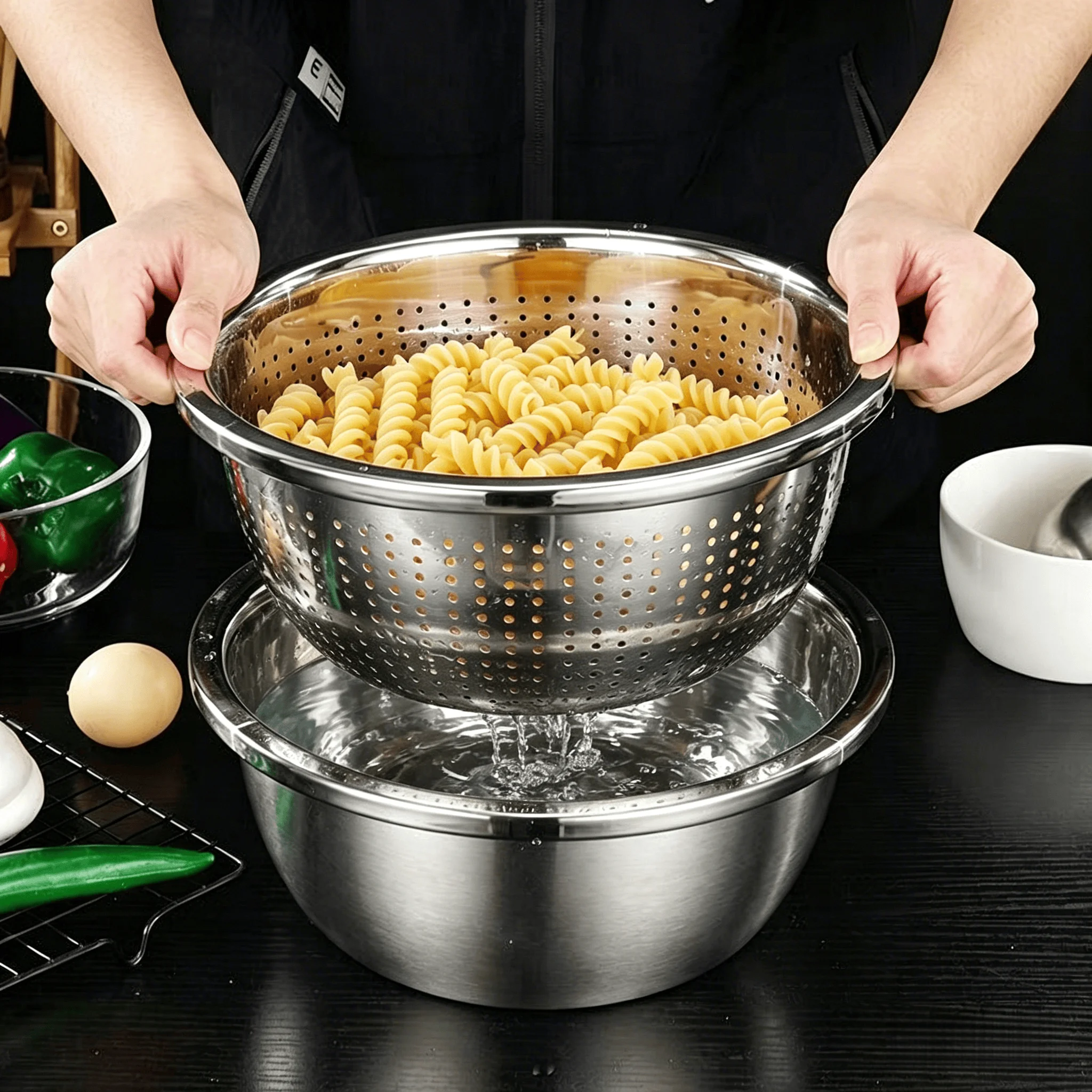 9.45-Inch Stainless Steel Basin, Stainless Steel Strainer Basin with Small Holes, Thickened Rice Washing Basin, Household Kitchen Draining Basin, Multi-Purpose Seasoning Basin, Multi-Purpose Basin