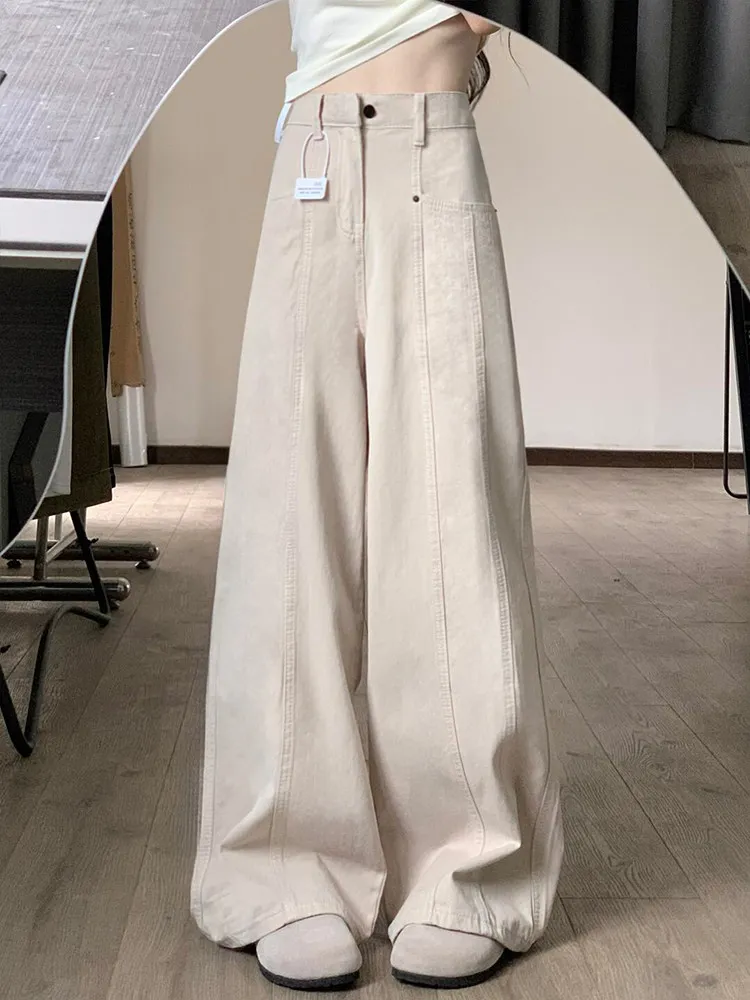 High Waist American Retro Striped High Waist Jeans Women Loose Wide Leg Design Straight Tube Long Trousers Trendy