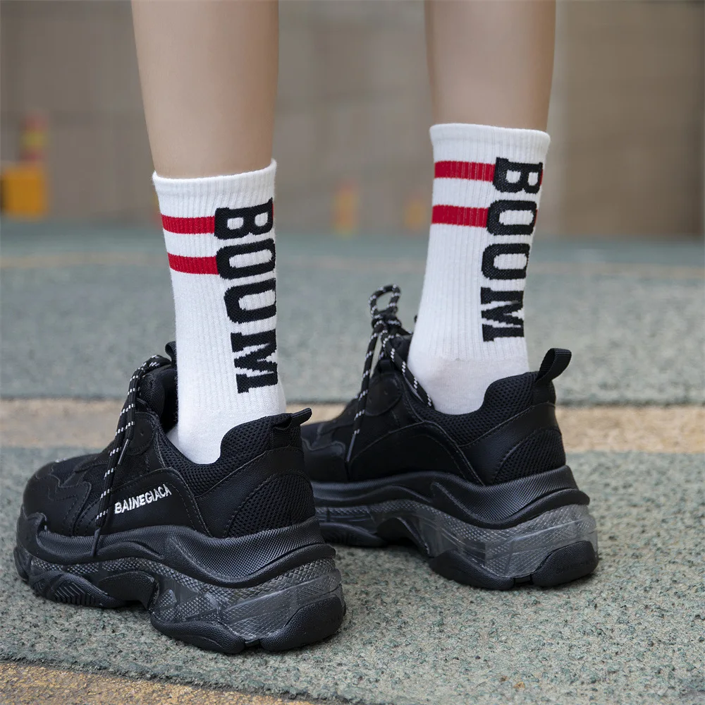 Fashion Stripe Fashion Women's Socks Printed With Letter Boom Cotton Sox Hip Hop Skateboard Funny Sock Harajuku Mujer Cakcetines