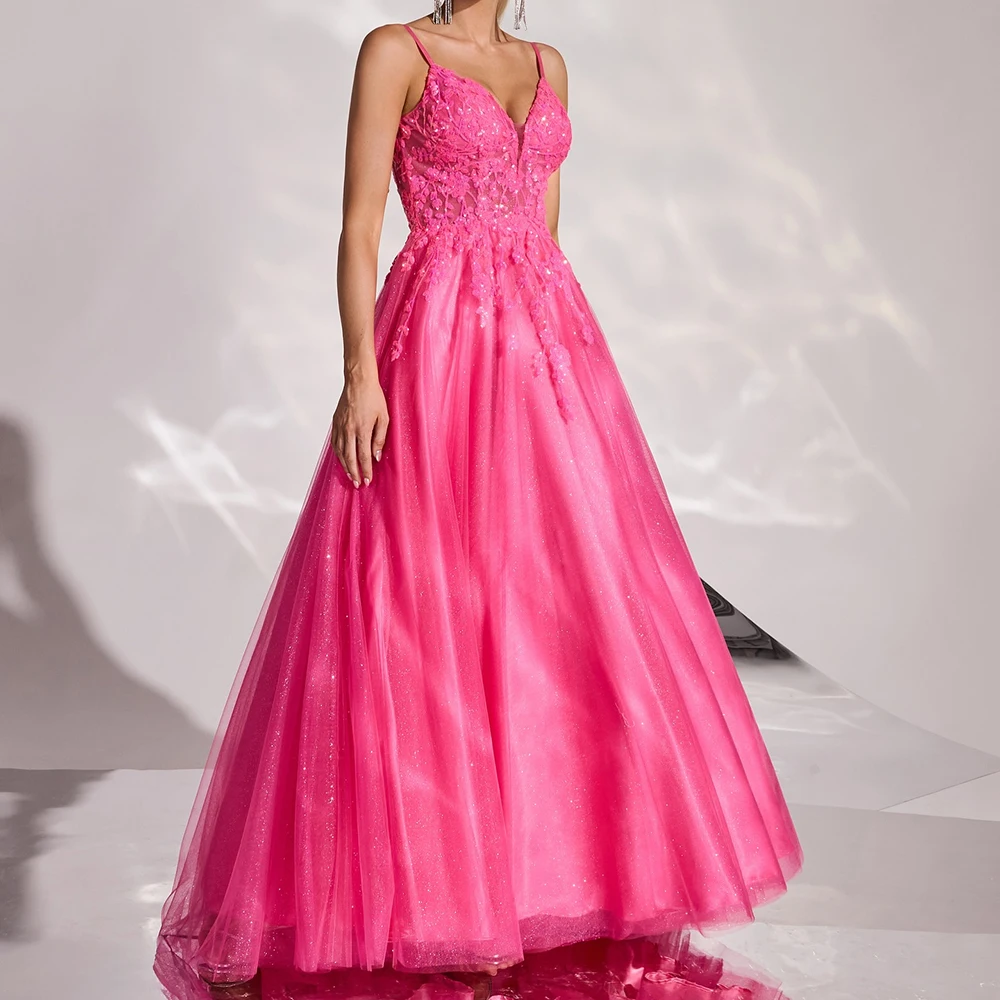 

Customized A-line Evening Dresses Floor-length Spaghetti Strap Sleeveless Prom Gown Fashion Flowers Sequined Backless Party Gown