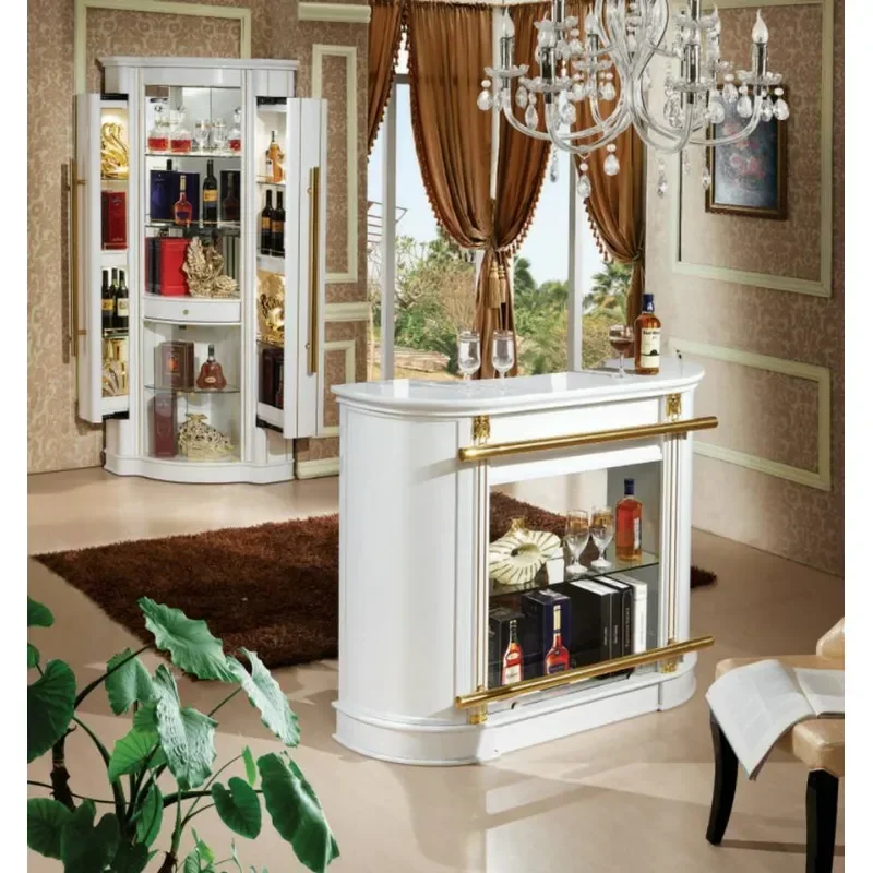 European Style White MDF Wine Cabinet Storage Unit Living Room Floor Standing Bar Display Shelf Two Piece Set