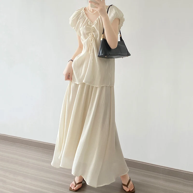 2023 Summer Women's Elegant Drawstring Puff Sleeve Shirt and Elastic Waist Skirt 2 Piece Outfit New Matching Groups Set 80788