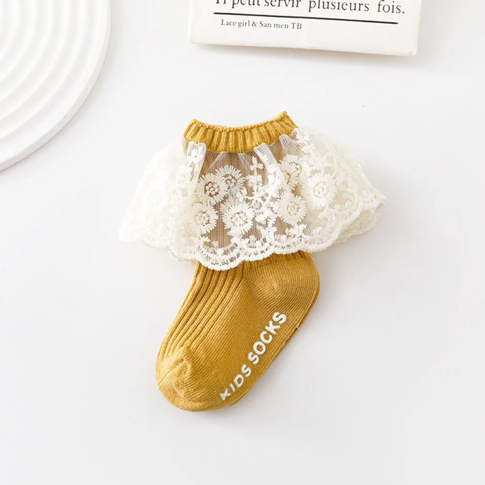 Adorable Combed Cotton Toddler Lace Trim Socks Multi-Color Non-Slip Princess Socks Breathable Infant Ruffle Socks Toddler Wear