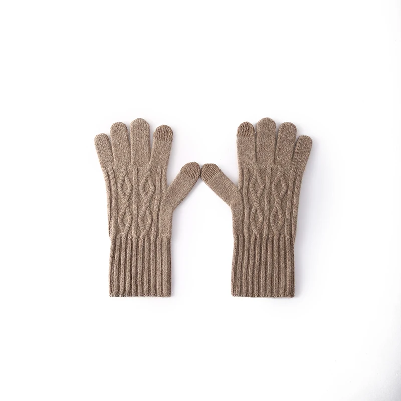 Unisex Winter 35% Cashmere 65% Merino Wool Diamond Cable Knit Touch Screen Gloves Ribbed Cuff Elastic Windproof Solid Color Ther