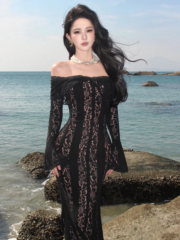 Ele Lace One-oulder Gown Floor-Length Evening Dr Island Vaion Sle Long Sve A-Line Silhouette Women's Dr