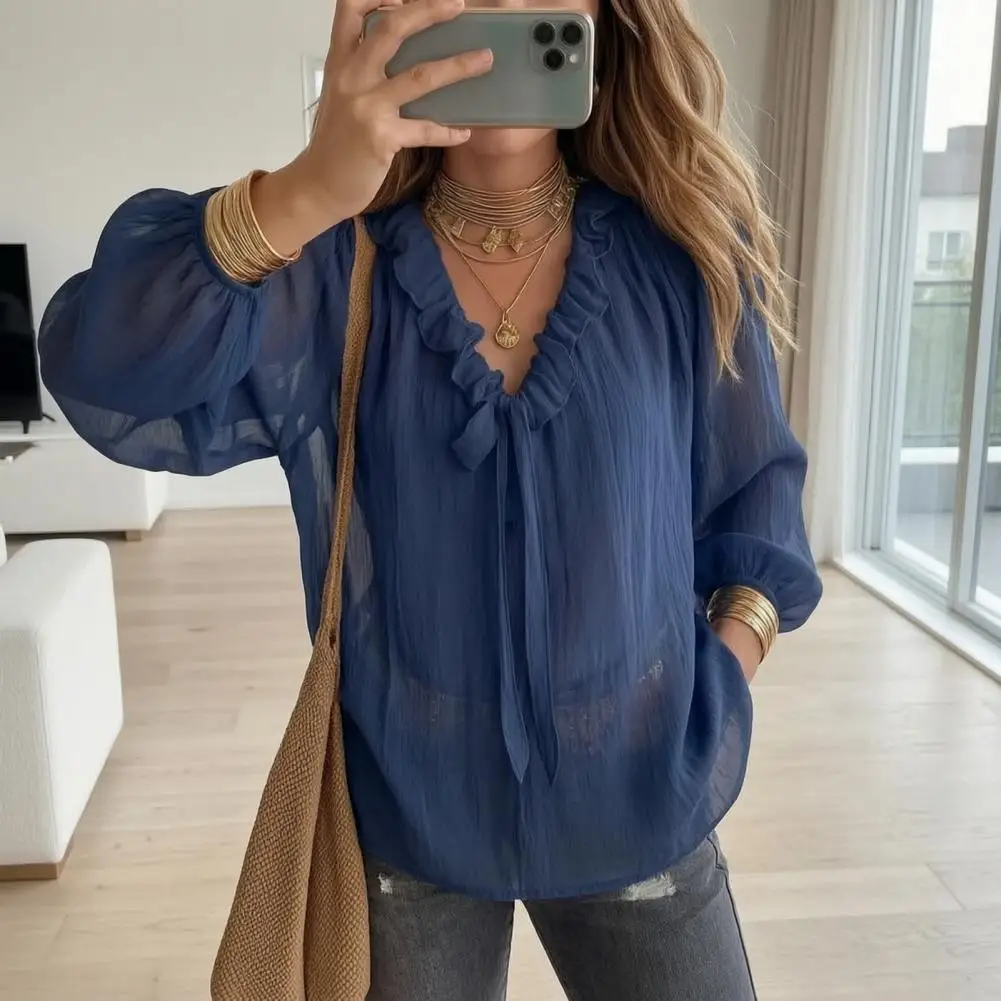 Women Chiffon Tops,Pure Color Loose Fit Shirt,Simple Design Lantern Long Sleeve Sun Protection Tops for Date Wear