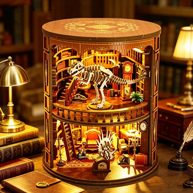 DIY Wooden Fossil Library Book Nook Shelf Insert Kits Miniature Model Kit With Furniture Bookend for Friends Birthday Gifts