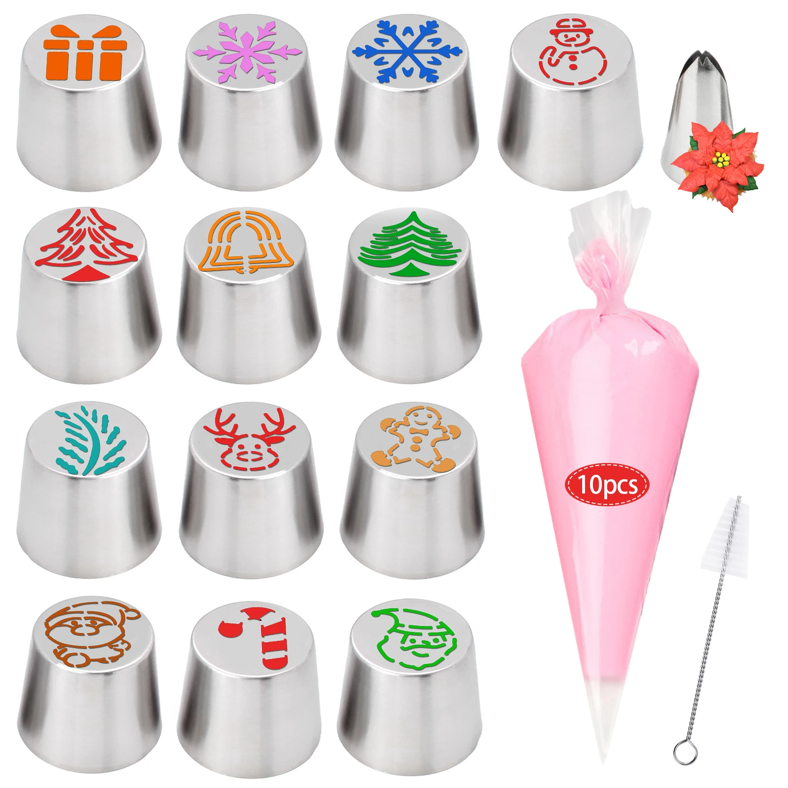

25 Pcs Christmas Extra Large Piping Tips Set, Includes 13 Stainless Steel Icing Nozzles, 1 Cleaning Brush and 10 Pastry Bags