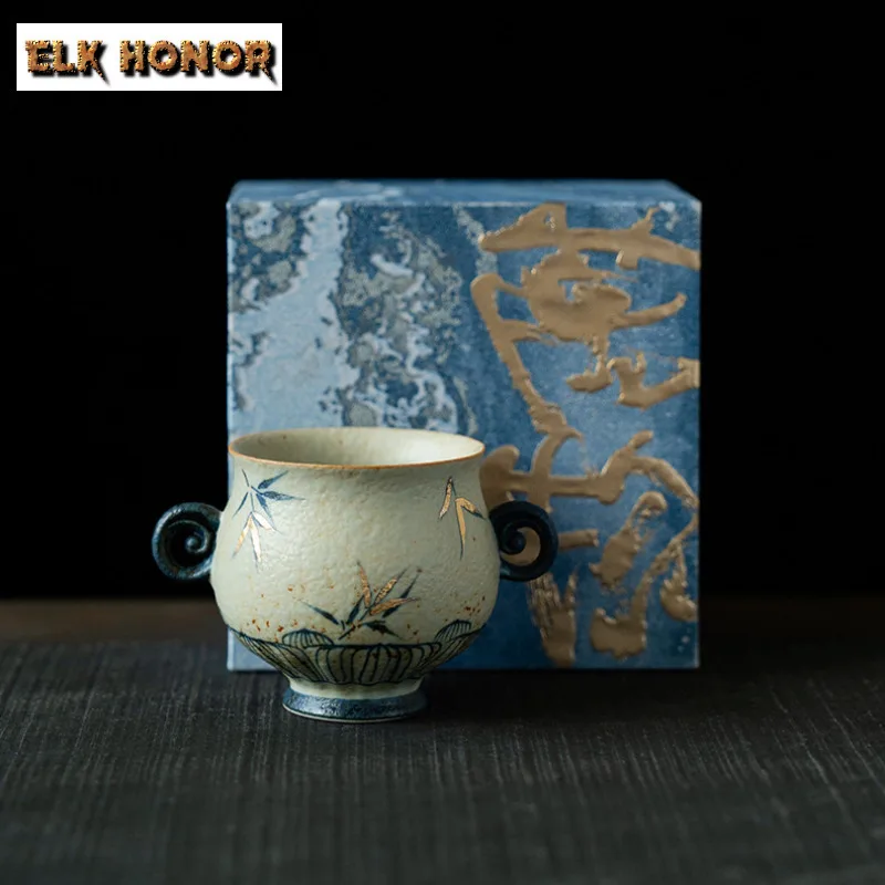 125ml Hand-painted Bamboo Shadow High Foot Teacup Retro Tea Bowl Jug Tea-tasting Fragrance Cup Jianzhan Master Cups Teaset Craft