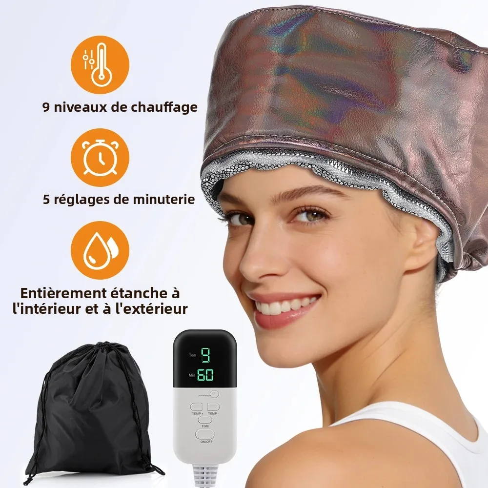 Casque chauffant en cuir PU 9 températures 5 minuteurs, imperméable, pour soins capillaires à domicile, outils de coiffure, chapeau de spa pour cheveux
