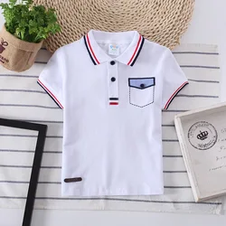 Meninos e meninas camisa polo de algodão listrado verão esportes jersey tops de manga curta decoração de bolso t-shirt roupas de gola listrada infantil