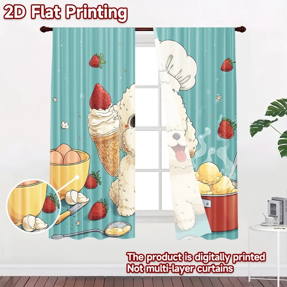 2D flat printing 2pcs Curtains Cute dog chef strawberry ice cream Digital Printed Polyester Drapes Family Party Decoration Use