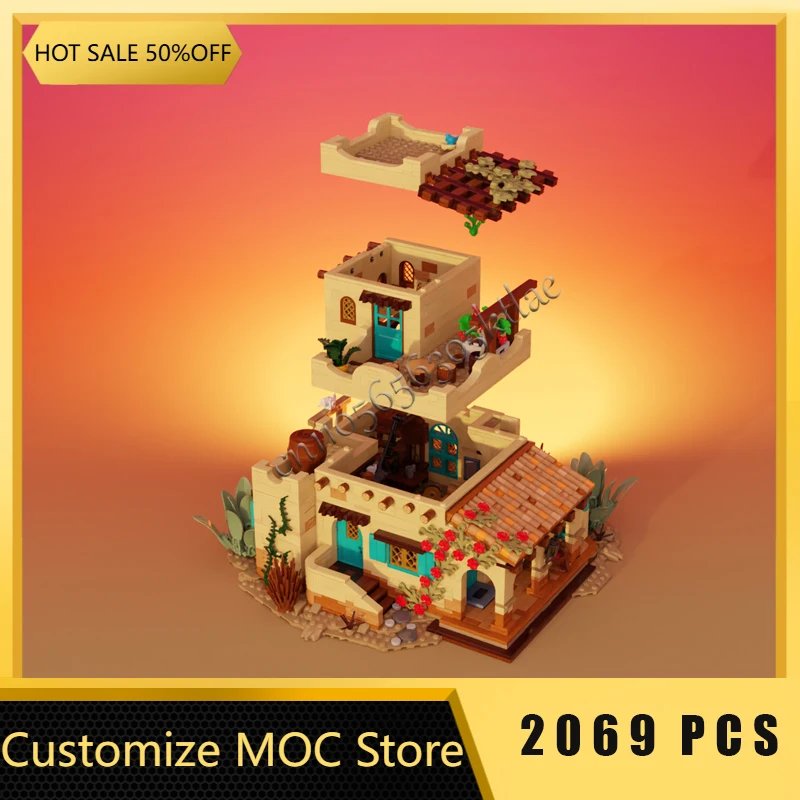 2069 قطعة تخصيص MOC منازل أدوبي التقليدية عند مراعي الغروب مريح البناء بنة نموذج لعب طفل هدية الكريسماس