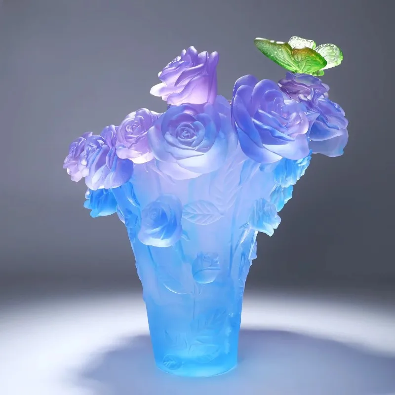 Handmade Round Crystal Vase Embossed Rose Butterfly 25/35cm Elegant Decor for Home Interior Gift Floral Arrangement Ornament
