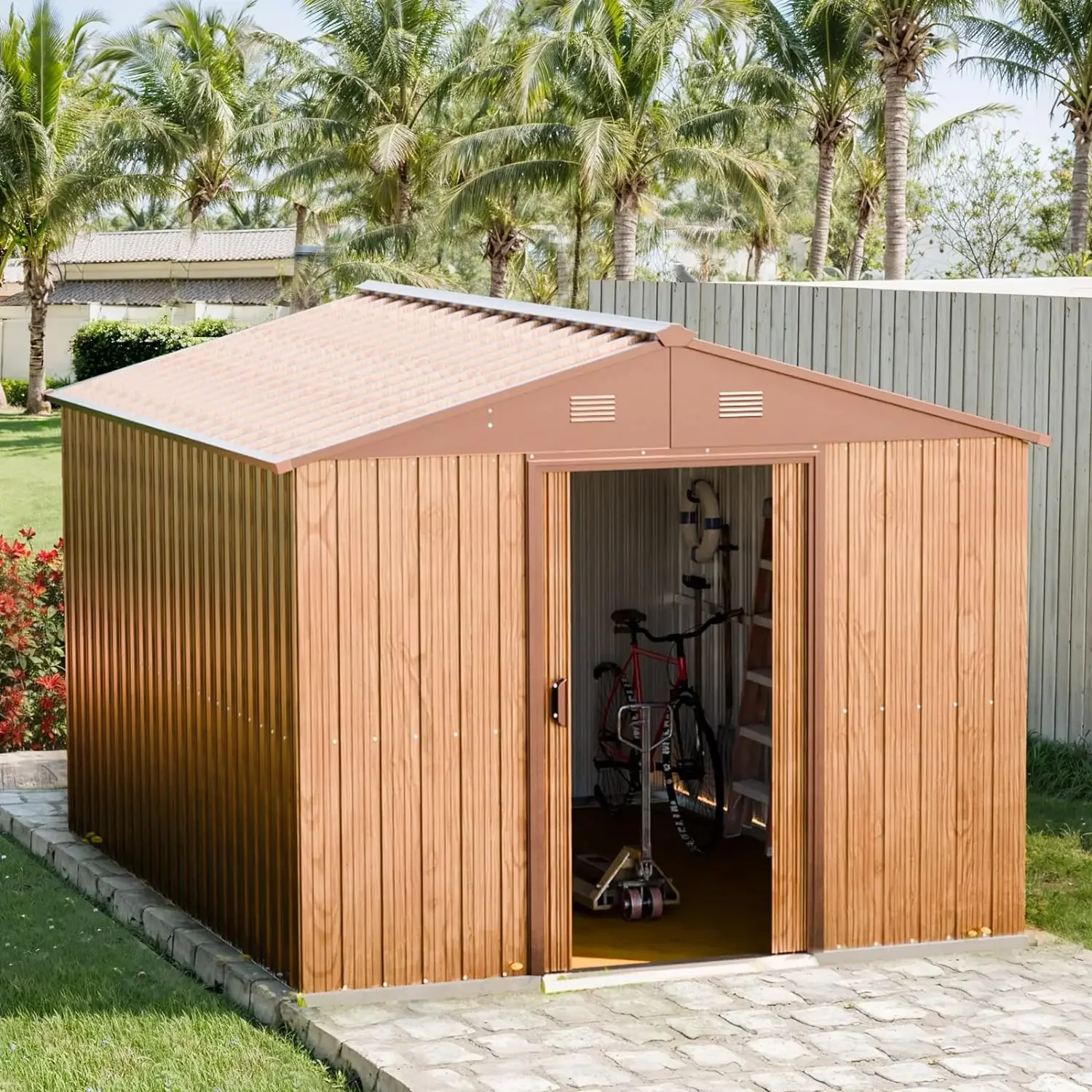 10x8FT Outdoor Storage Shed, Metal Outside Sheds Storage with Double Lockable Doors & Air Vent, Large Tool Sheds House, Brown