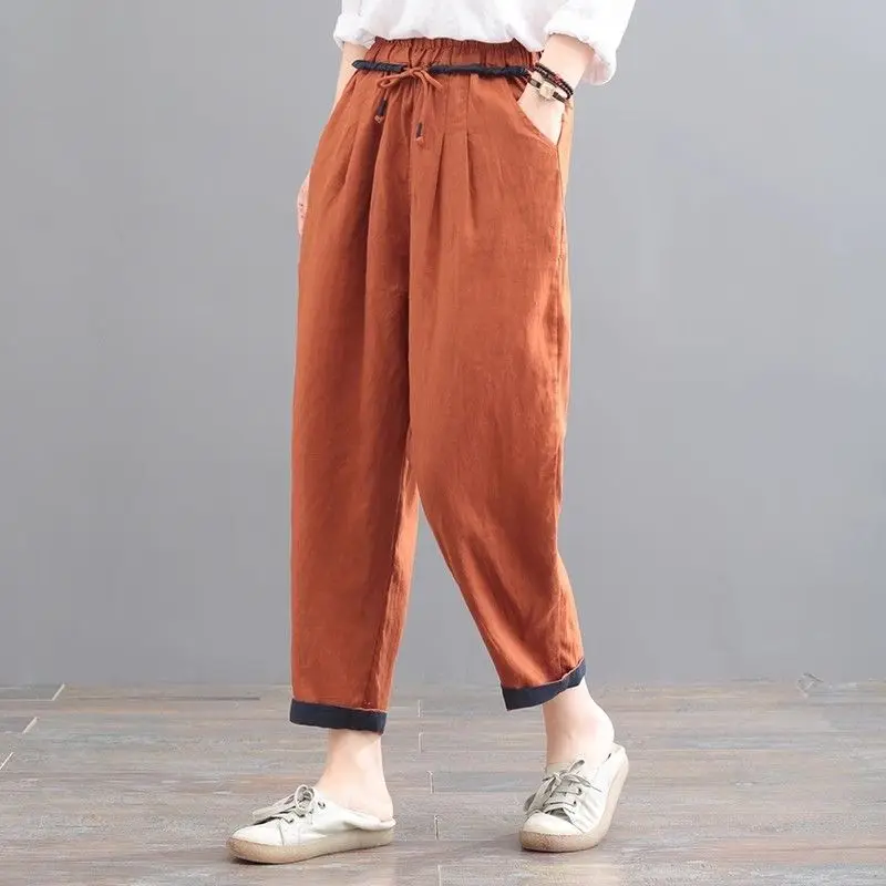 

Summer Oversized Simplicity Temperament Vintage Harem Women Clothes Office Lady Simplicity Pocket Elastic Waist Trousers Women