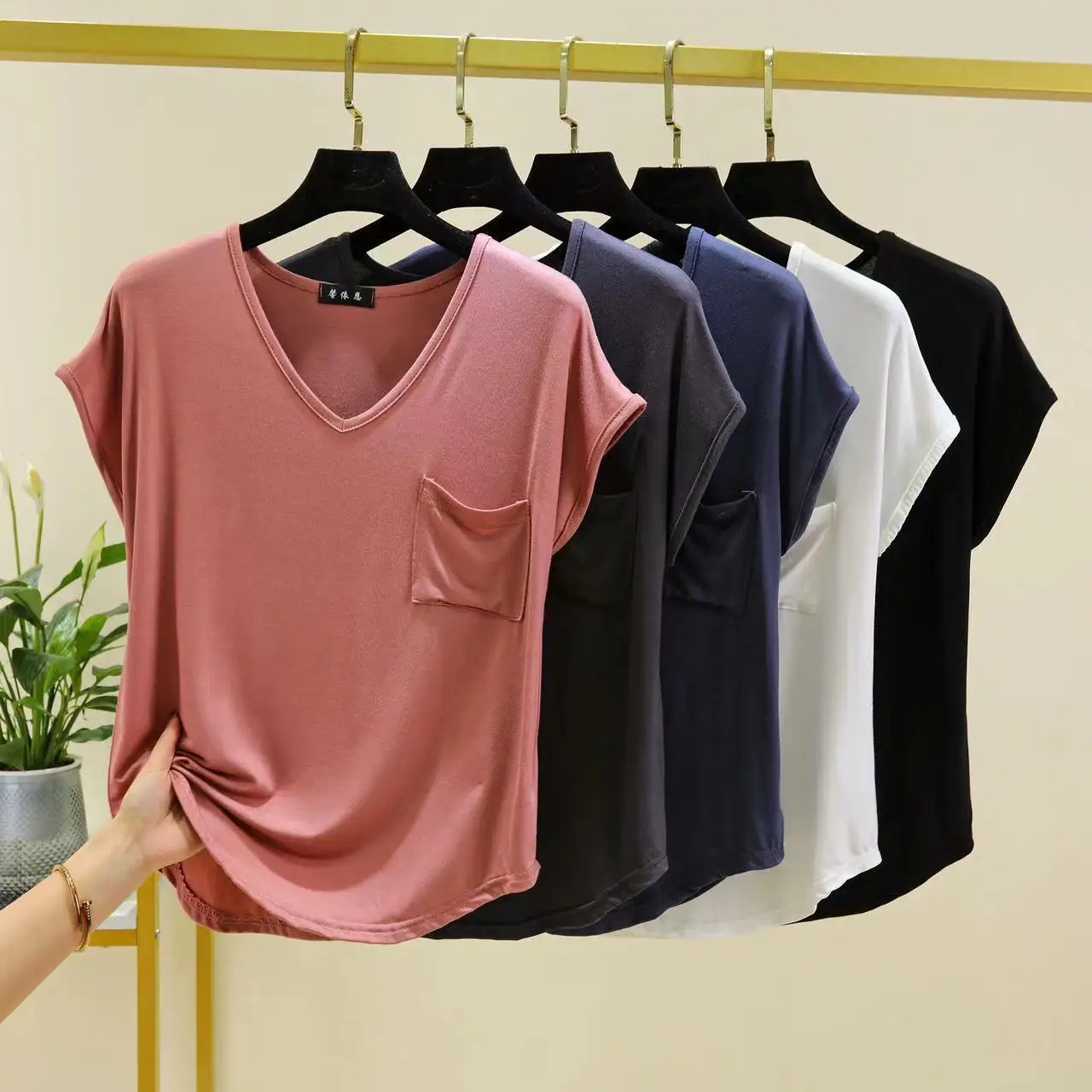 Women's Modal Summer Basic T-Shirt - Solid Color Korean Style Loose Fit Slimming Plus Size V-Neck Short Sleeve Top