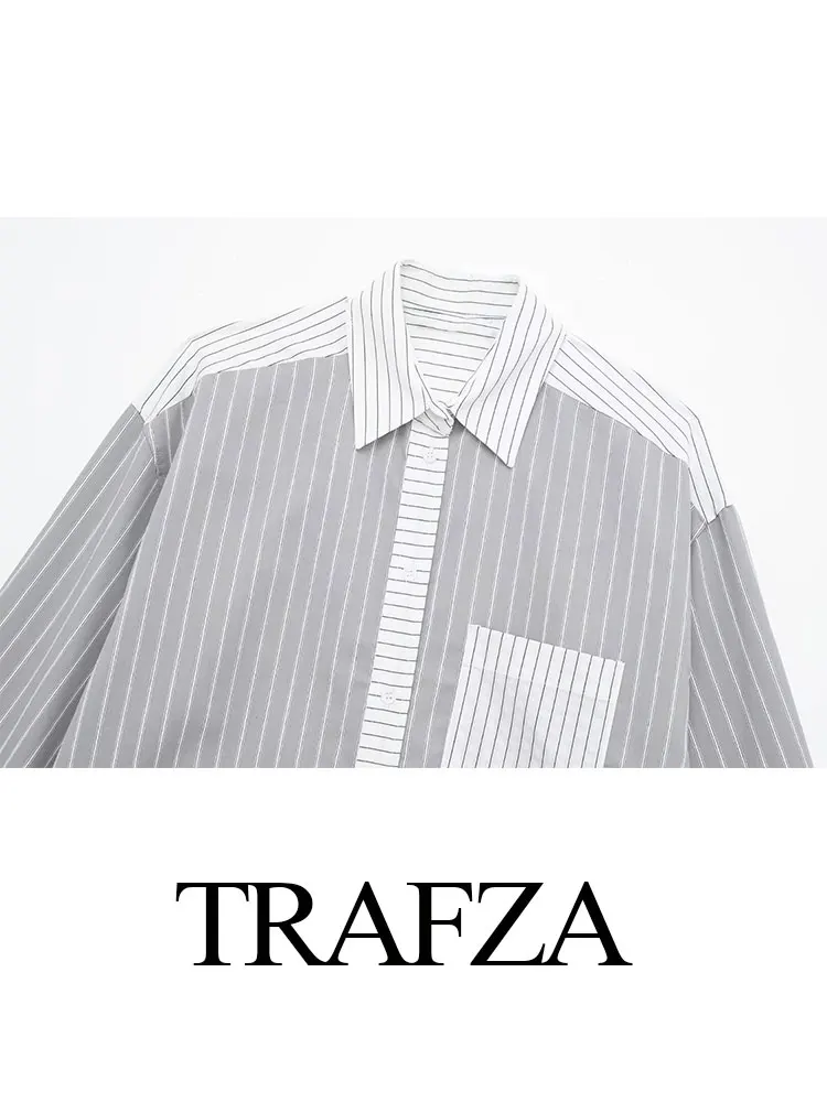 TRAFZA Women\'s Elegant Stripes Shirts 2024 Spring Patchwork Lapel Loose With Pocket Long Sleeve Causal Commuter Blouse Retro Top