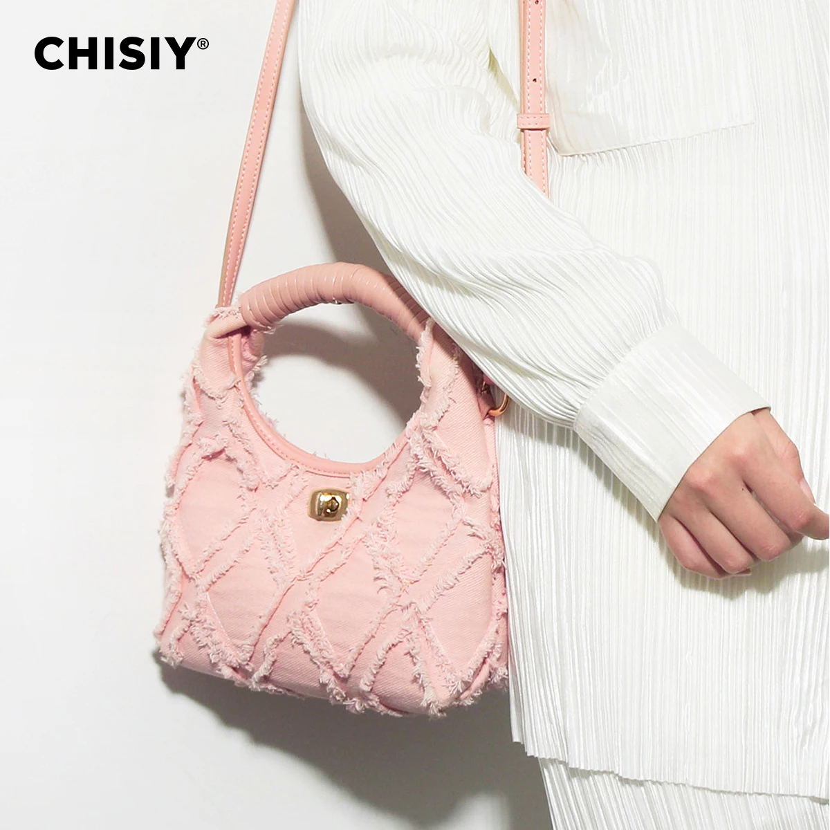 CHISIY Original Handmade Barbie Pink Woven Twisted Lock Bohemian Women\'s Handbag Vacation Bag Summer Valentine\'s Day Gift