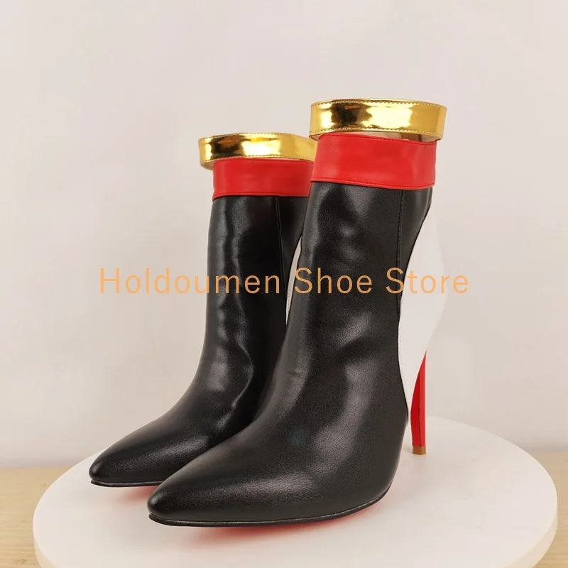 

British Street Style Fashion Matte Leather Patchwork Ankle Boot Sexy Pointed Toe Stiletto Back Zipper Hot Chick Party Dance Boot