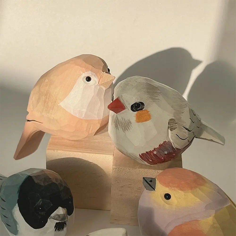 Vivid Cute Wood Carving Bird Mini Carving Small Bird Ornament Nordic-style Painting Wooden Bird Figurine Tabletop