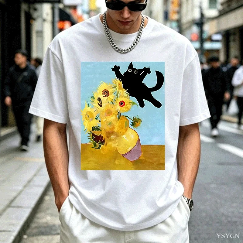 Vincent Van Gogh Cat T-shirt for Men Women Sunflowers Print Tshirt Funny Cute Cat Kitten T Shirt Cotton Short Sleeve Clothes