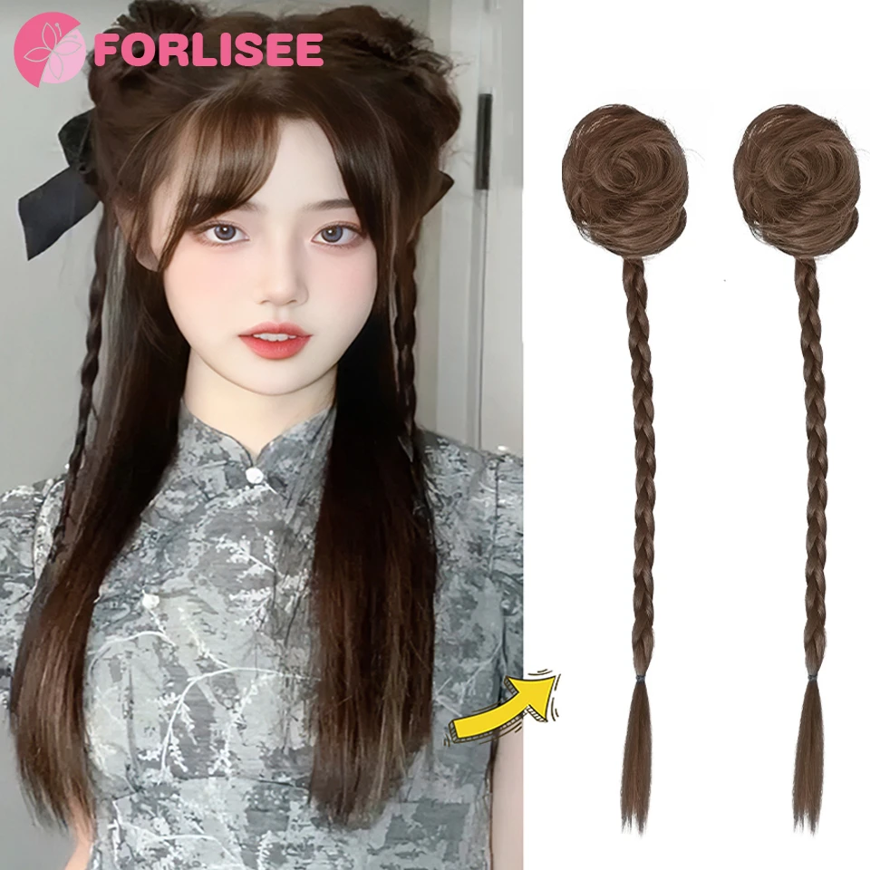 

FORLISEE Synthetic Wig Ponytail New China-Chic Style Boxing Braid Wig Y2k New Chinese Style Dished Hair Bag Double Ball Head