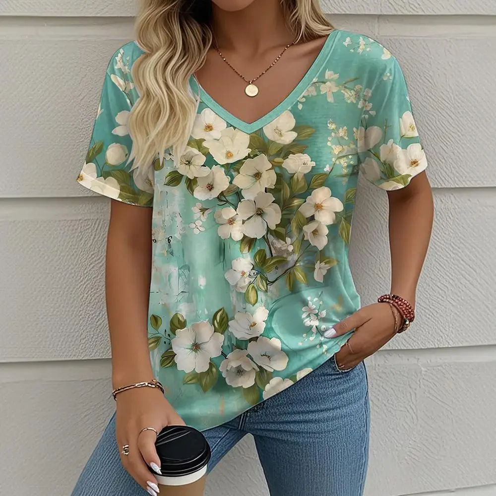

Women's T-Shirt Floral Pattern 3d Printing Fashion Casual Oversized V-Neck High Quality Short Sleeve Summer Women's Clothing