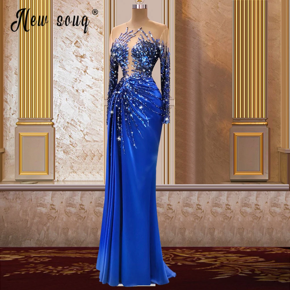 Royal Blue Sheer ชุดราตรียาวคอยาวคริสตัลลูกปัดซาตินปาร์ตี้ Prom Gowns แอฟริกัน Celebrity Dress Plus ขนาด DFF120