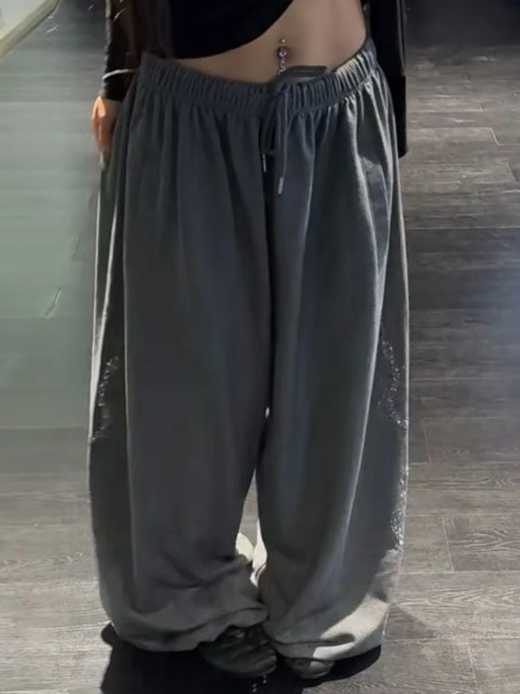HOUZHOU Vintage Casual Rhinestone Pants Women Gray Baggy Hip Hop Harajuku Oversized Trousers Black Retro Wide Leg Sweatpants