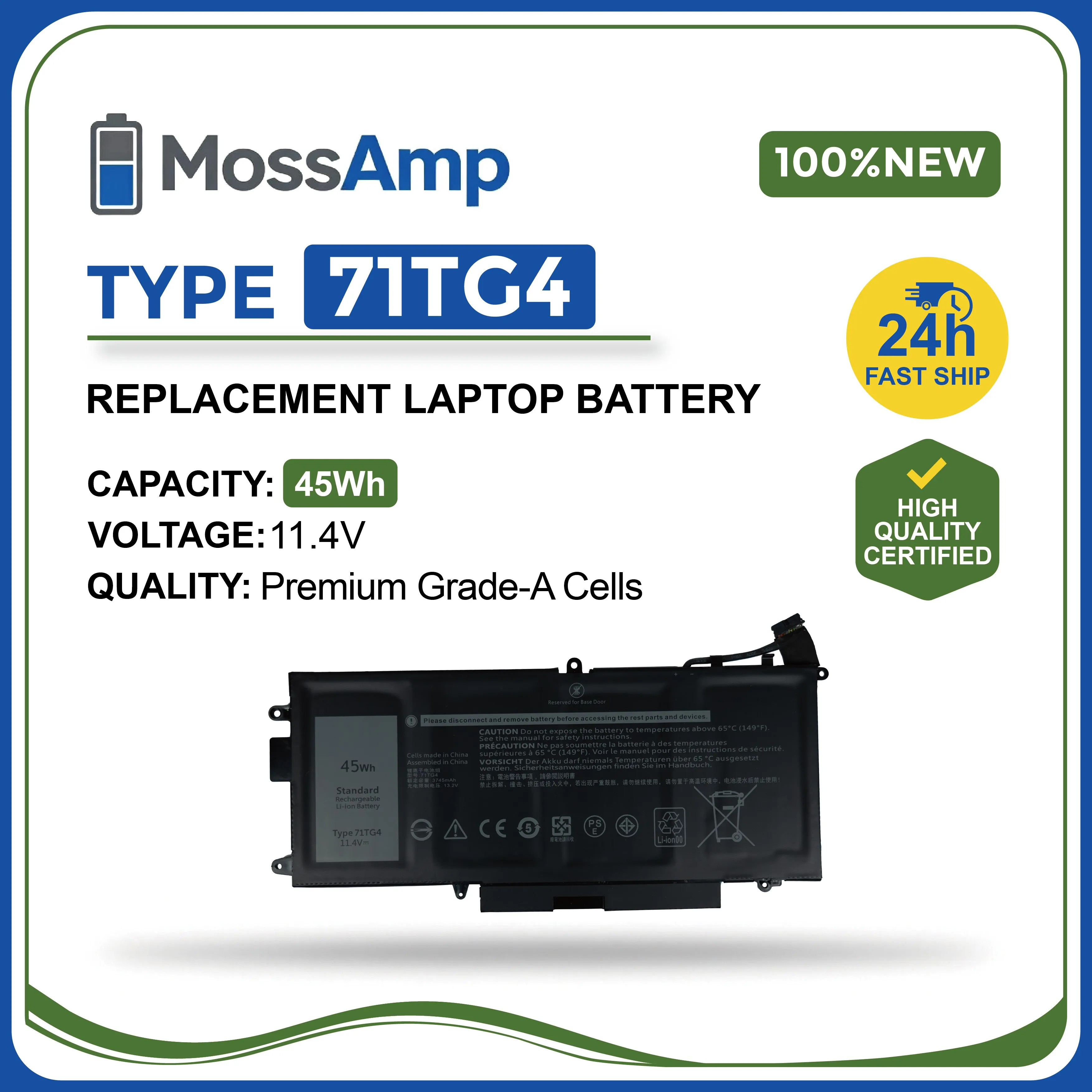 MossAmp 71TG4 11.4V 45Wh Laptop Battery for Dell Latitude 7389 2-in-1 7390 2-in-1 5289 2-in-1 Latitude 12 5289 CFX97