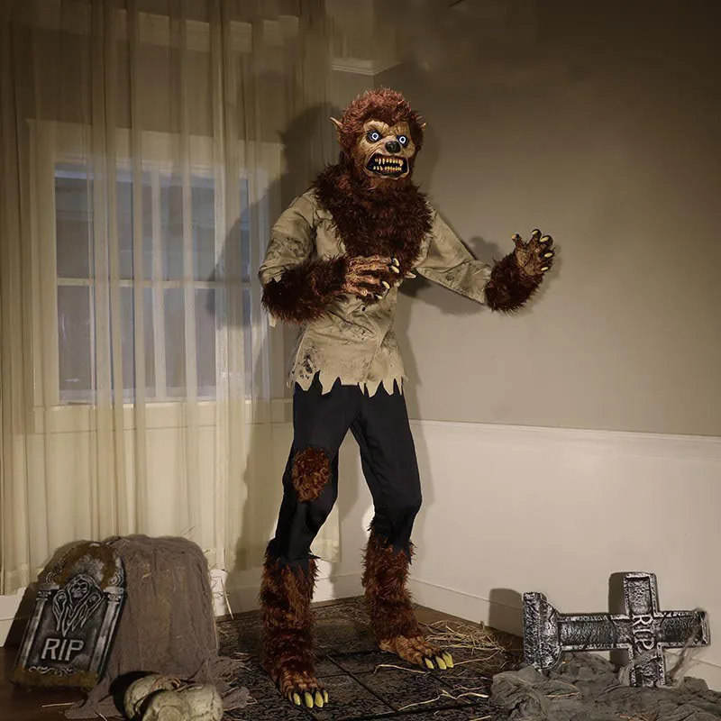 Outdoor Horror Sound Decor Large Electric Werewolf Ornament Animatronic Animated Props Supplies Glowing Swinging Halloween