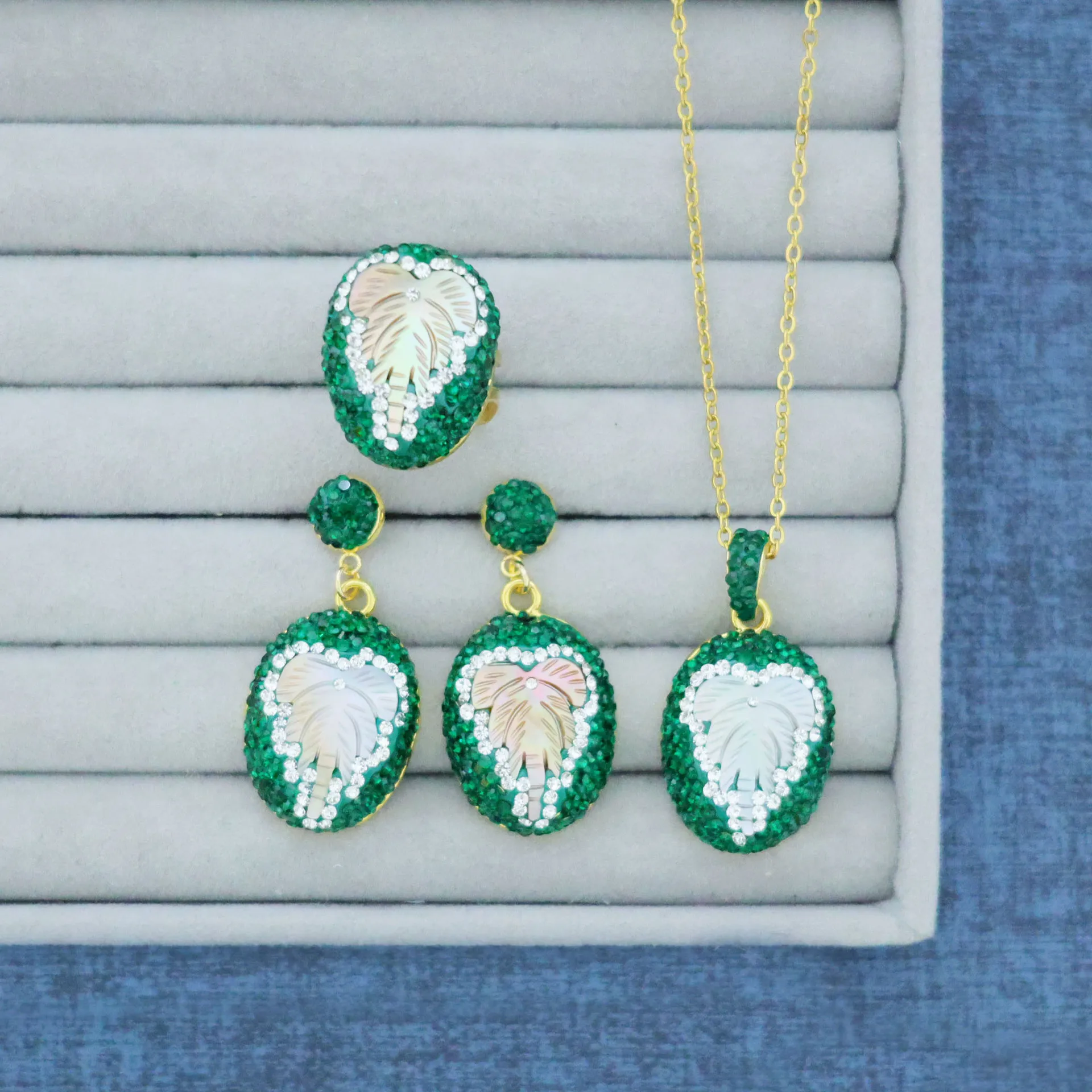 Natural shell carved leaves antique headdress DIY earrings necklace ring three-piece handmade design jewelry