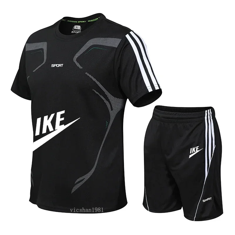 

Men's summer outdoor sports fitness and casual fashion two-piece short-sleeved T-shirt + quick-drying shorts breathable set