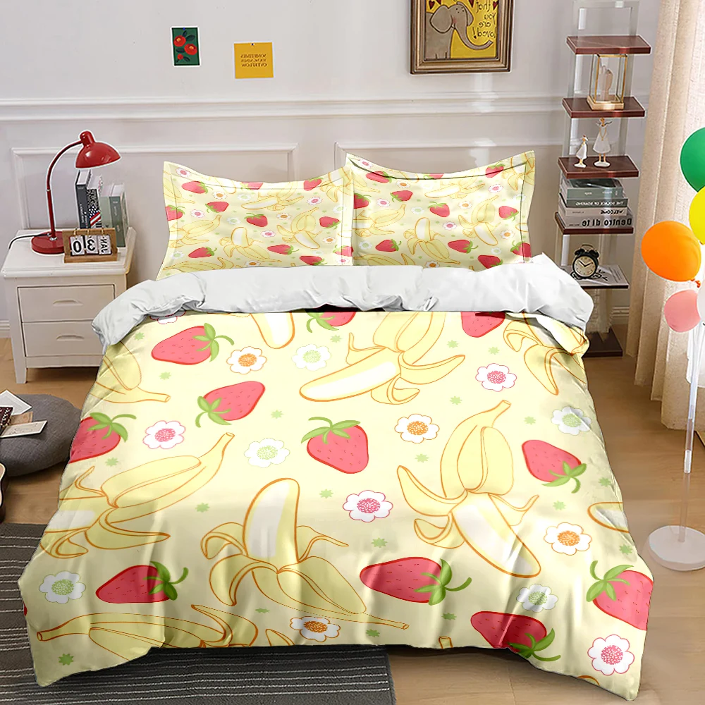 Strawberry, bananas, and floral Print Bedding Set 1 Duvet Cover 2 Pillowcases for Adult and Children Luxury Gift Full Size