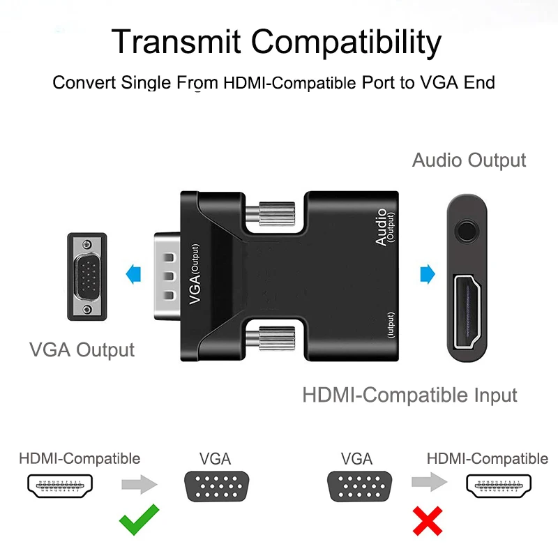 HDMI-Compatible To VGA Adapter Converter TV Box 1080P PC Aux Jack 3.5 Video Audio Cable Projector Monitor Display Port