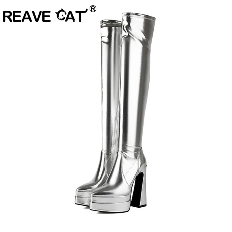 REAVE CAT 14.5cm Block Heel 5cm Platform Over Knee Boots Pointed Toe Faux Leather Gold Big Size 41 42 43 US12