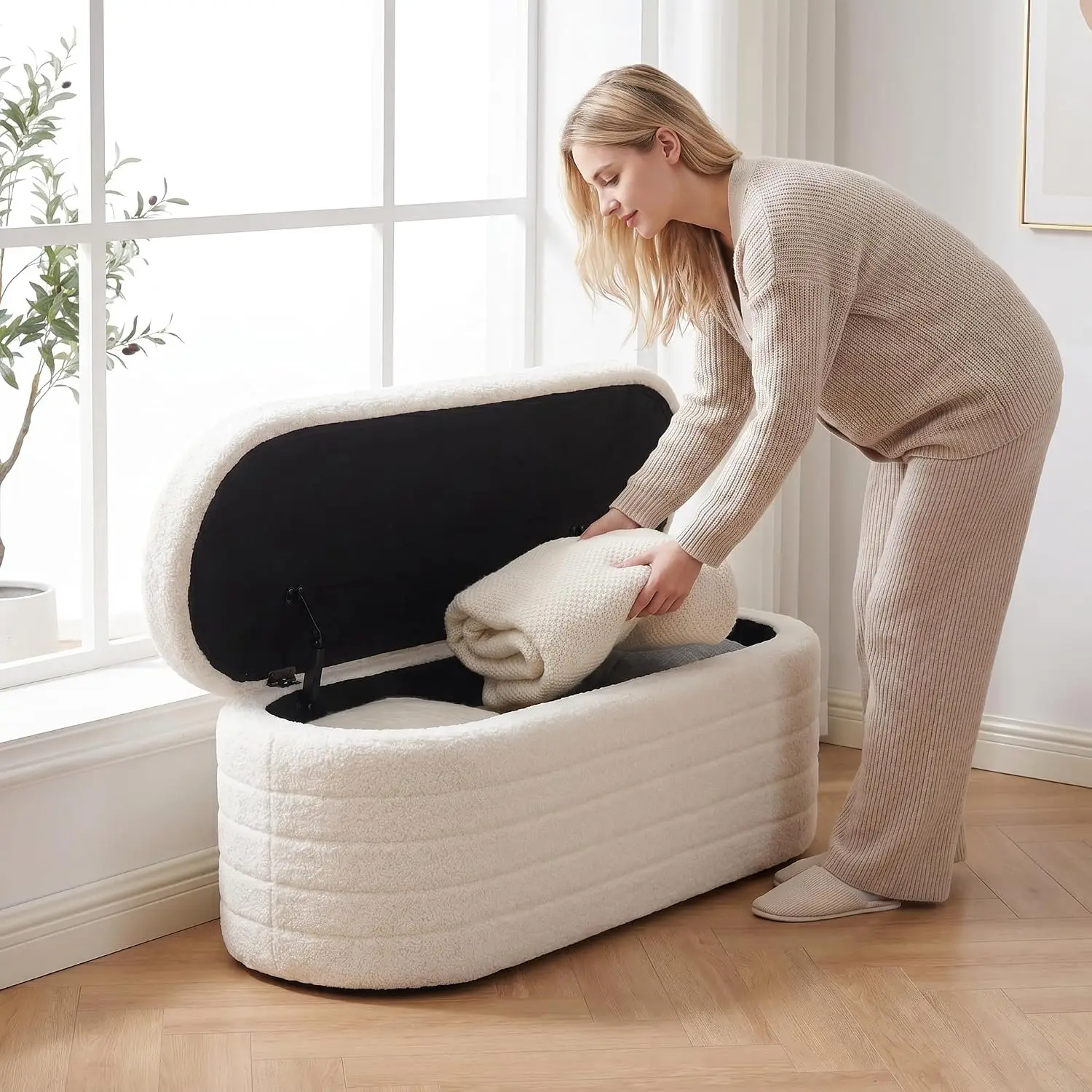 Teddy Sherpa Storage Ottoman Bench End of Bed, White, Customized