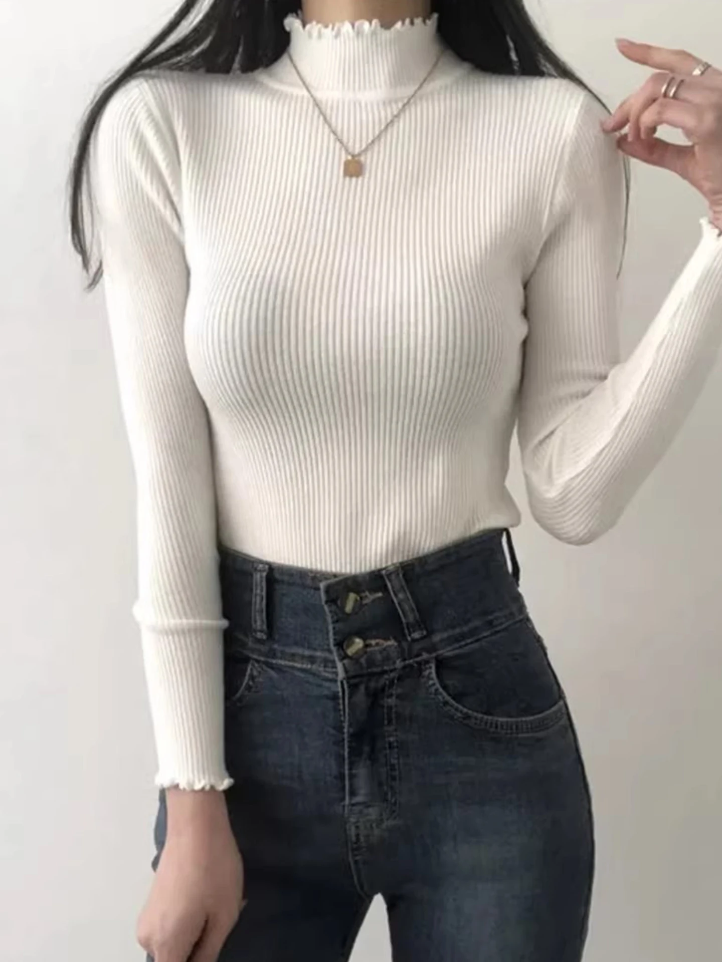

Elastic Knitted Top Women's Basic f High Collar Boting irt Spring Season New Sle Versatile Polyester Fiber Long Sve