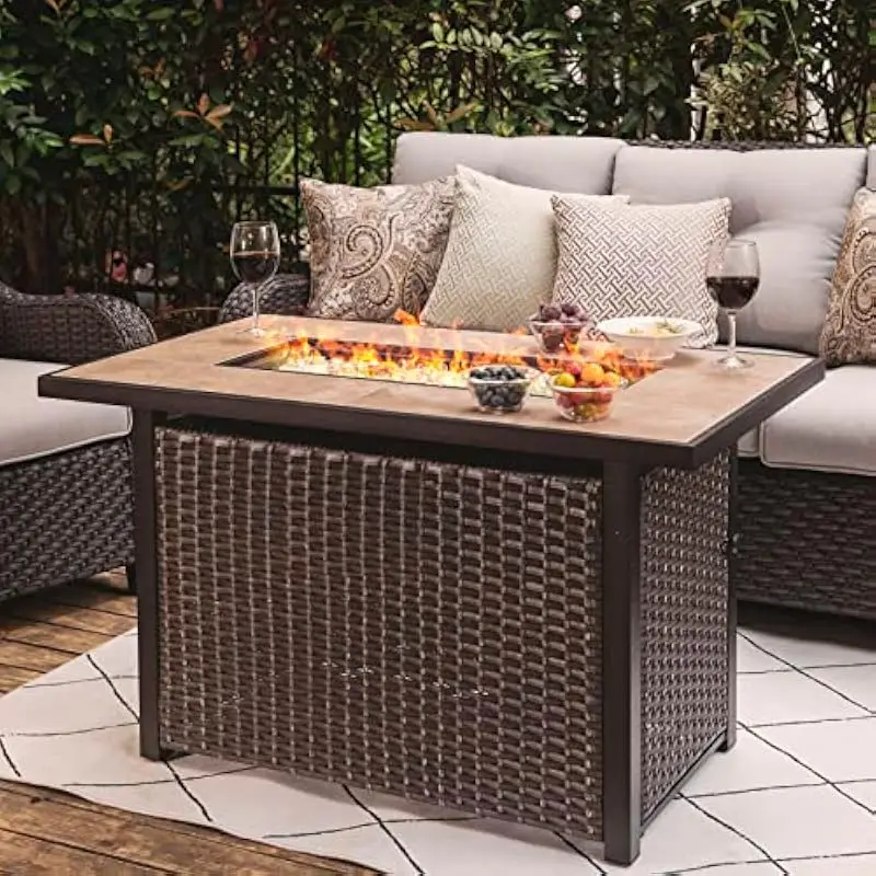 Outdoor 43 Inch Rectangular Propane Fire Table with Marbleized Ceramic Top, Woven Rattan Iron Frame, Weatherproof Cover, Tempere